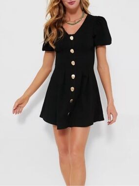 Hyacinth House Short Black Button-Front Mini Dress with Puff Sleeves